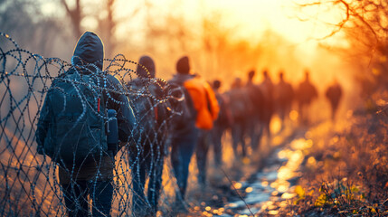 Wall Mural - barbed wire fence, symbolizing boundaries and protection, with a blurred group of people in the background, evoking themes of division, security, and vulnerability