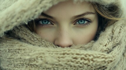 Woman's Blue Eyes Partially Hidden by a Knitted Scarf