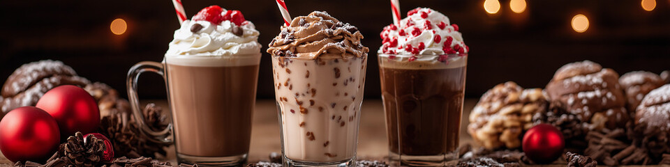 Three different types of hot chocolate are lined up on a table with a red orname