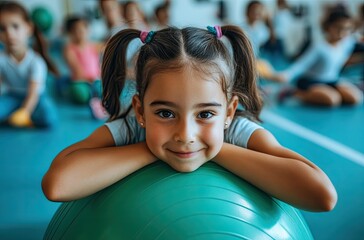 A happy little girl is sitting on a green fitness ball and playing with her friends in the children's gym at a nursery school.