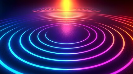 Poster - A vibrant abstract illustration featuring concentric circular waves in vivid blue, pink, and orange hues, radiating from a central point of light, creating a dynamic visual effect.