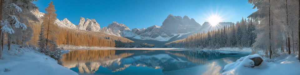 Poster - A beautiful snowy landscape with a lake and mountains in the background