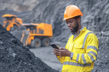 A young African mine worker in protective gear while holding a cell phone, with coal mine equipment in the background, the modern technology and safety measures integrated into mining operations