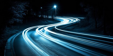 A city street at night, with cars leaving streaks of light as they drive. The image shows bright blue lines, like rays of light, against a dark background, creating a sense of fast movement.