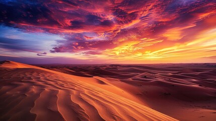 Aufkleber - A vibrant sunset over the Sahara Desert with rolling sand dunes and a dramatic sky, expansive setting with rich orange and red tones, Desert style