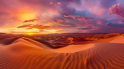 Aufkleber - A vibrant sunset over the Sahara Desert with rolling sand dunes and a dramatic sky, expansive setting with rich orange and red tones, Desert style