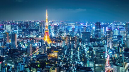 Poster - A vibrant Tokyo skyline at night with neon lights, modern skyscrapers, and bustling streets