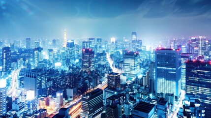 Poster - A vibrant Tokyo skyline at night with neon lights, modern skyscrapers, and bustling streets
