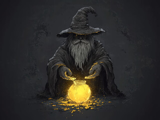 mystical wizard in dark robe and pointed hat is conjuring glowing potion from cauldron, surrounded by shimmering gold particles. atmosphere is enchanting and magical