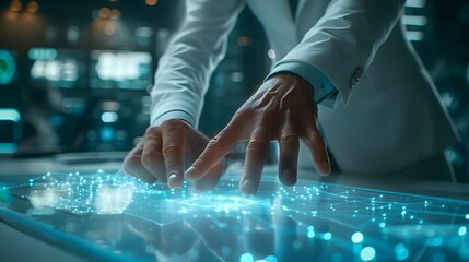 Aufkleber - futuristic tech interface: a close-up shot of a person's hands interacting with a holographic, inter