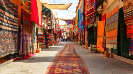 Poster - A vibrant view of the historic architecture and lively markets of Marrakech with colorful textiles and traditional Moroccan design, urban setting with warm reds and vibrant oranges, Marrakech style