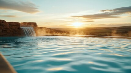 Poster - Infinity Pool with Waterfall and Sunset Over Rolling Hills