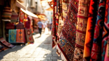 Aufkleber - A vibrant view of the traditional markets and historic architecture of Istanbul with colorful textiles and bustling crowds, urban setting with warm reds and rich patterns, Istanbul style