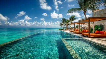 Poster - Infinity Pool Overlooking Turquoise Ocean With Palm Trees and Loungers