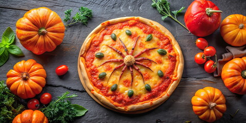 Festive pumpkin pizza with autumn ingredients on dark wood