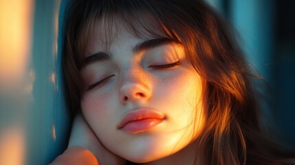 Wall Mural - Close-up Portrait of a Young Woman with Eyes Closed and Golden Light on her Face