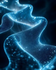 Poster - A mesmerizing wave of glowing blue particles flowing elegantly in a dark background, creating a sense of movement and depth, embodying digital art and technology.