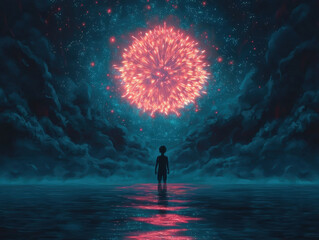 Wall Mural - child stands in calm waters, gazing at vibrant fireworks illuminating starry night sky, creating magical and serene atmosphere