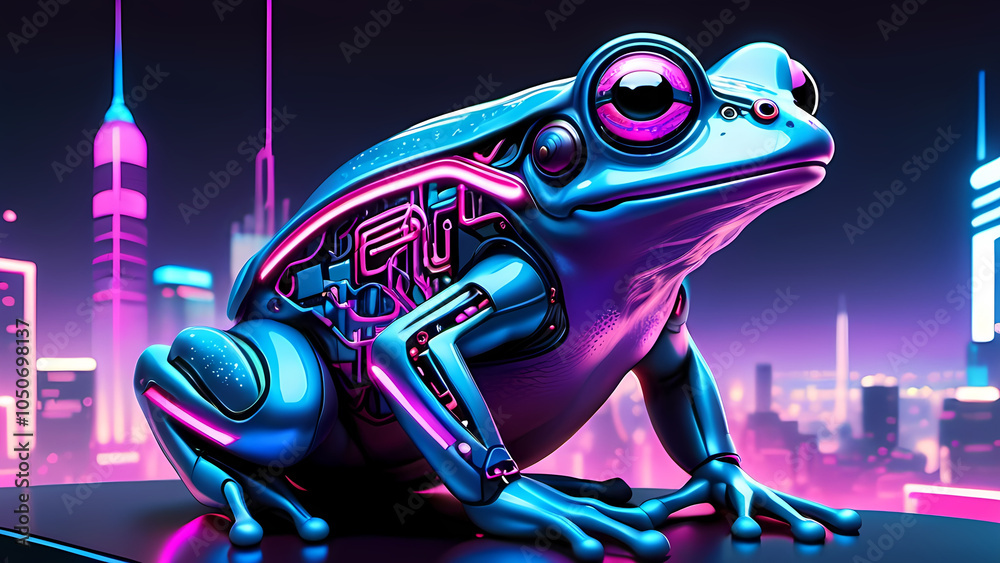cyberpunk frog with neon lines and circuits running across its body, in ...