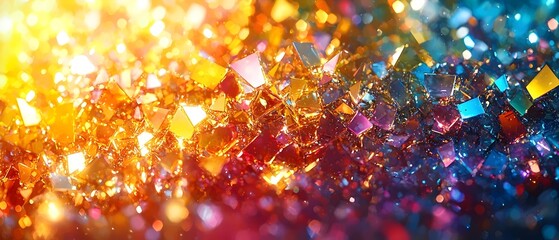 A vibrant and colorful abstract image featuring shimmering geometric shapes with reflective surfaces, creating a dynamic interplay of light in warm and cool tones.