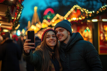 young couple taking selfie on a smartphone in front of christmas city fair