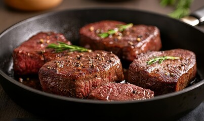 Close-up of juicy filet mignon steaks cooked in a pan, garnished with fresh rosemary, ideal for gourmet and culinary themes..