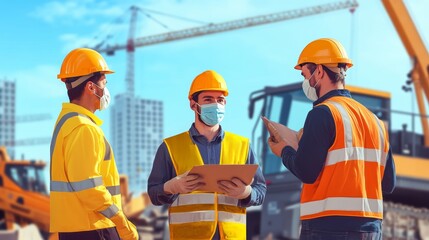 Construction workers collaborating on a project at a construction site with safety gear and equipment in the background