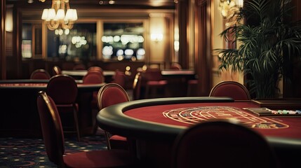 A quiet corner of a luxury casino with empty blackjack and poker tables, the atmosphere hushed and still, with no players in sight.