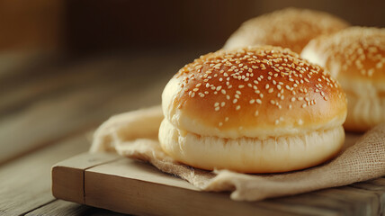 Freshly baked sesame seed buns on wooden board, perfect for sandwiches