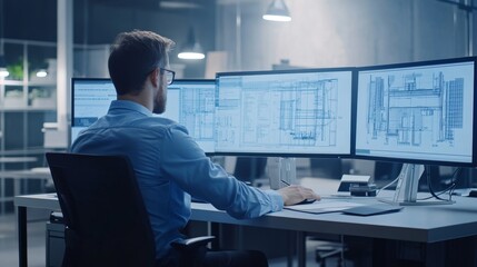 Poster - Focused professional analyzing data on multiple monitors in a modern office environment