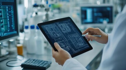 Poster - innovative technological design a close-up on digital blueprint interaction in a modern laboratory e