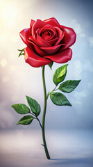 Canvas Print - stunning red rose stands elegantly against soft, blurred background, symbolizing love and beauty. Its vibrant petals and lush green leaves create captivating visual