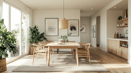 Wall Mural - Modern dining room with wooden table, chairs, and a woven pendant lamp.  The room has large windows and a view of a balcony.