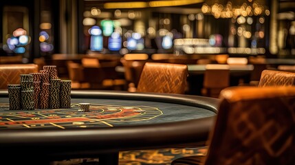 An untouched poker table with perfectly arranged chips and cards in an empty casino, the silence suggesting a pause in the action.