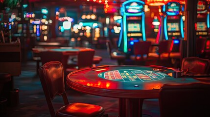 Empty casino tables and slot machines illuminated by soft, colorful lighting, the quiet setting stark in contrast to the usual bustling atmosphere.