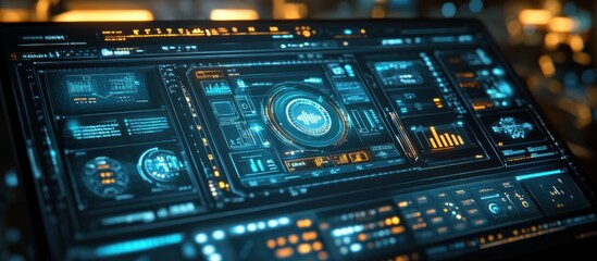 Wall Mural - Close-up of a futuristic digital interface with glowing blue and orange lines, graphs, and data displays on a computer screen.