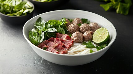 Pho with a variety of meats like rare steak, brisket, and beef balls, placed on a white porcelain bowl, garnished with fresh basil and lime