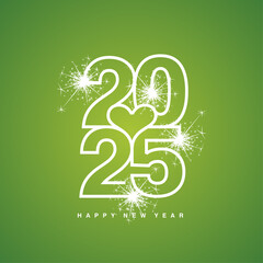 Love 2025 Happy New Year 2025 beautiful white modern line design typography logo with heart in the middle on lucky green greeting card background