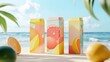 © Sasa Visual - Three colorful juice boxes with fruit designs sit on a sandy beach under a bright sunny sky