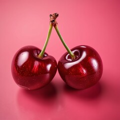 two cherries on a pink background