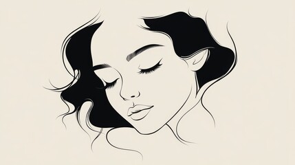 Line art illustration of a woman's face with closed eyes and flowing hair.