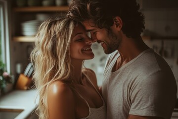 sweet couple being romantic in the kitchen, generative ai
