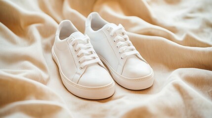 White sneakers on soft beige fabric create a minimalist and stylish aesthetic, AI