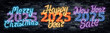 © comicsans - Vector set of neon sign of Happy 2025 Year and Merry Christmas isolated on wall background.