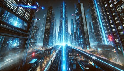 Leinwandbilder - Futuristic cyberpunk cityscape with neon lights and towering skyscrapers