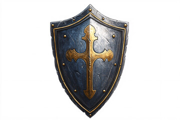 Medieval-style shield with a gold cross emblem on a dark metallic surface, symbolizing strength and faith
