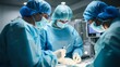 © Dina - A team of surgeons in an operating room, focused on performing a procedure, dressed in full medical attire with masks, gloves, and protective eyewear