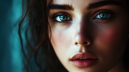 Sticker - Close-up portrait of a young woman with striking blue eyes and natural makeup.