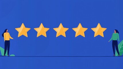 Vibrant illustration showing two people admiring five golden stars against a blue background, symbolizing excellence and high ratings.