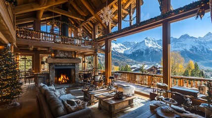 cozy living room with a stone fireplace, large windows showcasing a stunning mountain landscape.